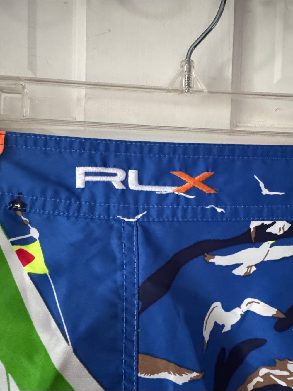 Ralph Lauren RLX Sailboat-Print Swim Board Shorts with Orange & Green Accents - Picture 11 of 15